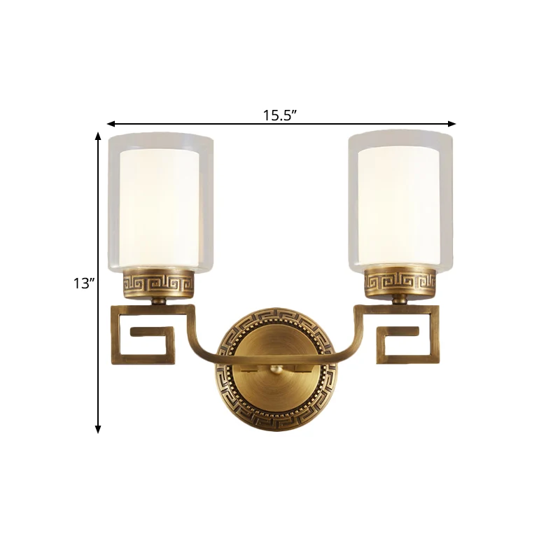 Wandkandelaar met 2 lampen, traditionele dubbele cilinder, helder en wit glas, wandmontageverlichting messing Clearhalo