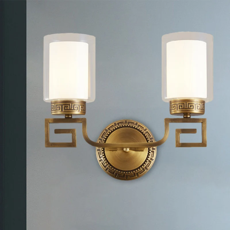 Wandkandelaar met 2 lampen, traditionele dubbele cilinder, helder en wit glas, wandmontageverlichting messing Clearhalo