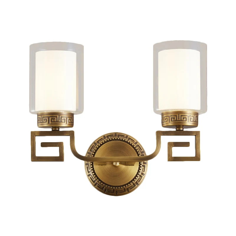 Wandkandelaar met 2 lampen, traditionele dubbele cilinder, helder en wit glas, wandmontageverlichting messing Clearhalo
