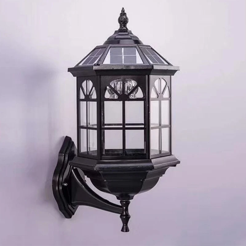 Wandkandelaar van helder glas, Lodges, zwarte zeshoekige buitenwandlamp met zonnepaneel, 1 lamp Clearhalo