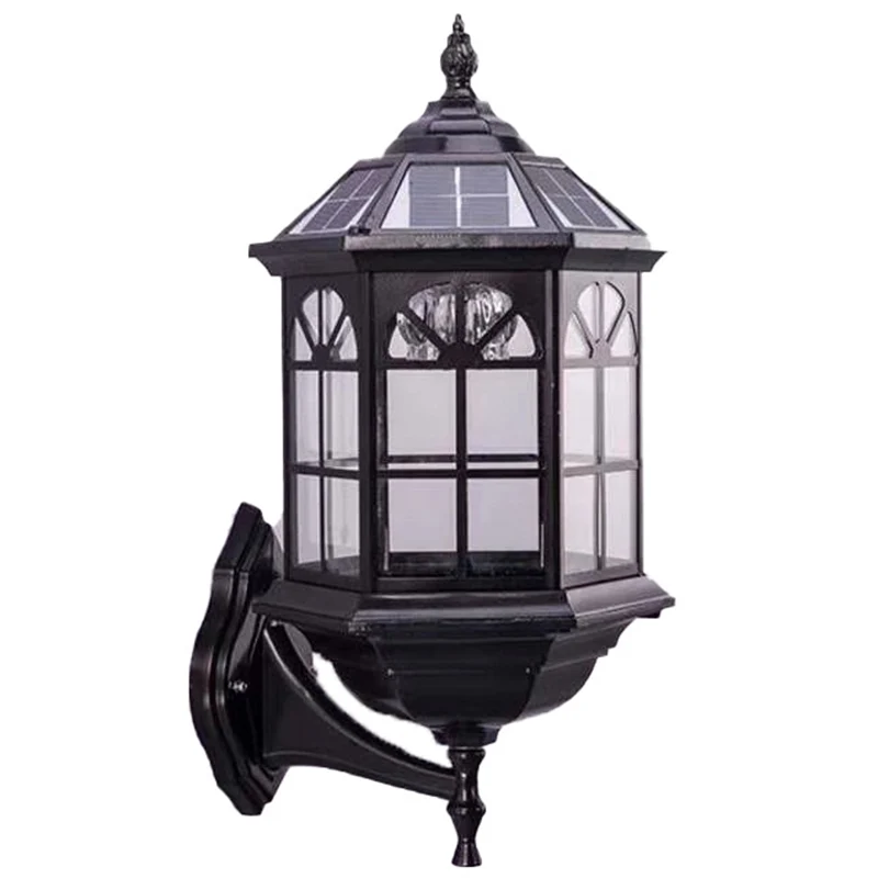 Wandkandelaar van helder glas, Lodges, zwarte zeshoekige buitenwandlamp met zonnepaneel, 1 lamp Clearhalo