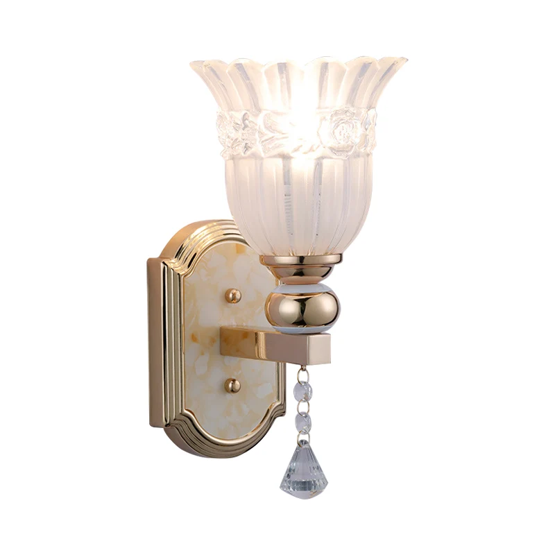 Wandkandelaar van mat glas met bloemen landelijke stijl, 1 lamp, gouden afwerking, wandverlichtingsarmatuur voor de gang C...