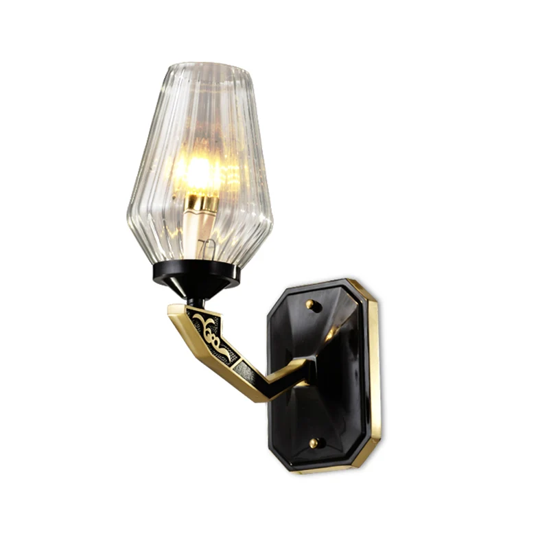 Wandlamp met 1 kop, traditionele diamant-helder geribbelde glazen wandlamp zwart Clearhalo