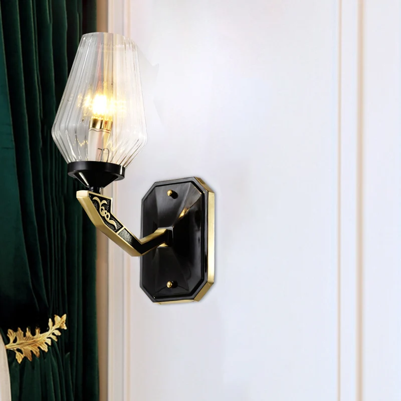 Wandlamp met 1 kop, traditionele diamant-helder geribbelde glazen wandlamp zwart Clearhalo