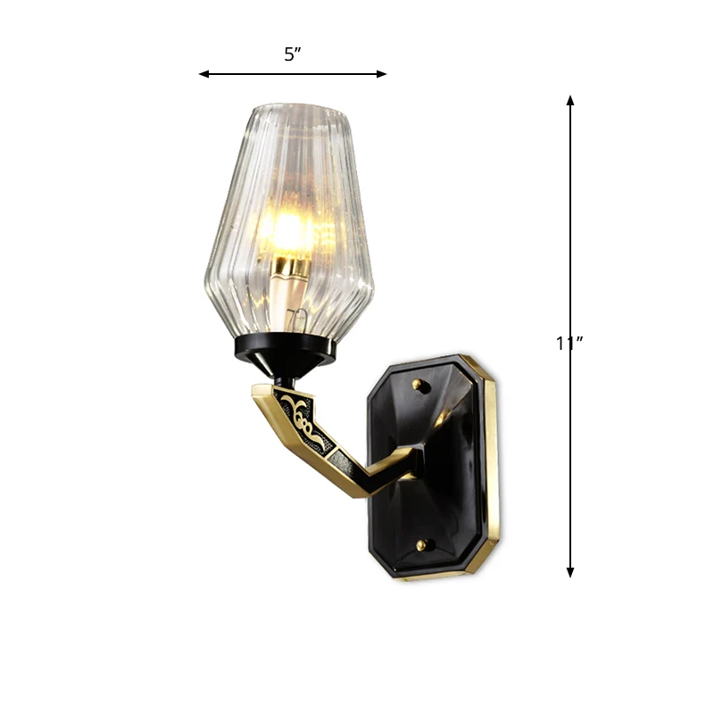 Wandlamp met 1 kop, traditionele diamant-helder geribbelde glazen wandlamp zwart Clearhalo