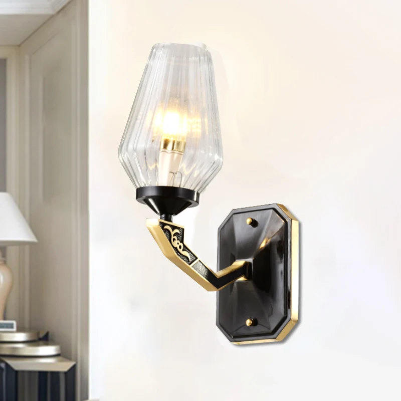 Wandlamp met 1 kop, traditionele diamant-helder geribbelde glazen wandlamp zwart Clearhalo