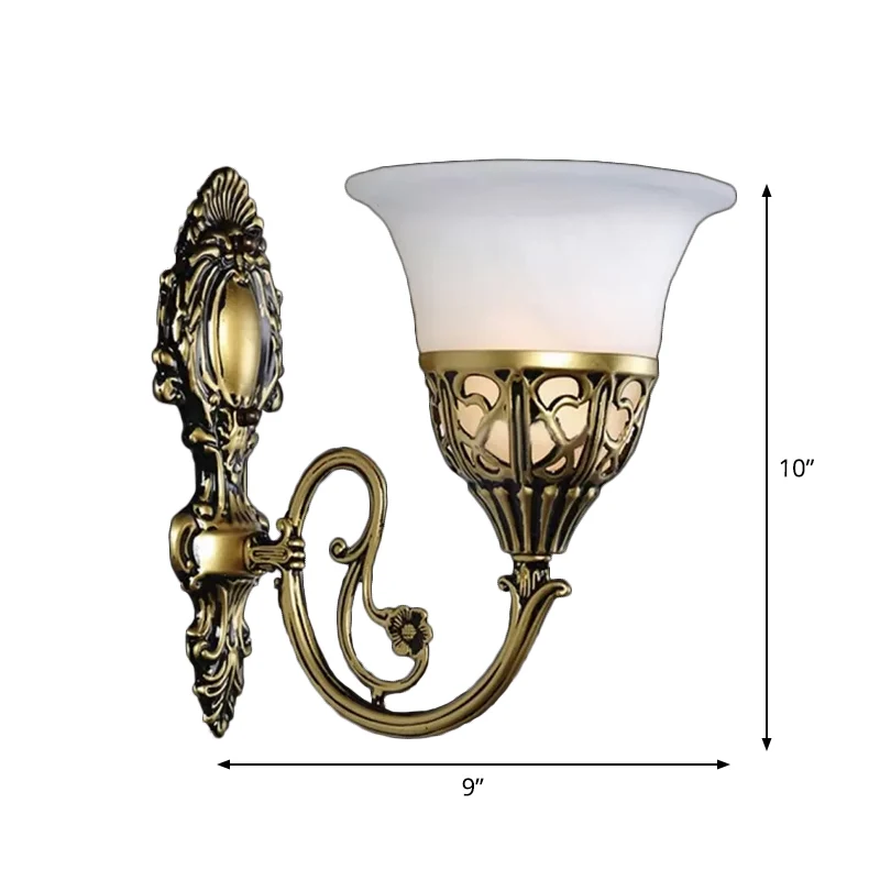 Wandlamp met één lamp, antiek uitlopend melkglas, wandmontagelamp brons Clearhalo