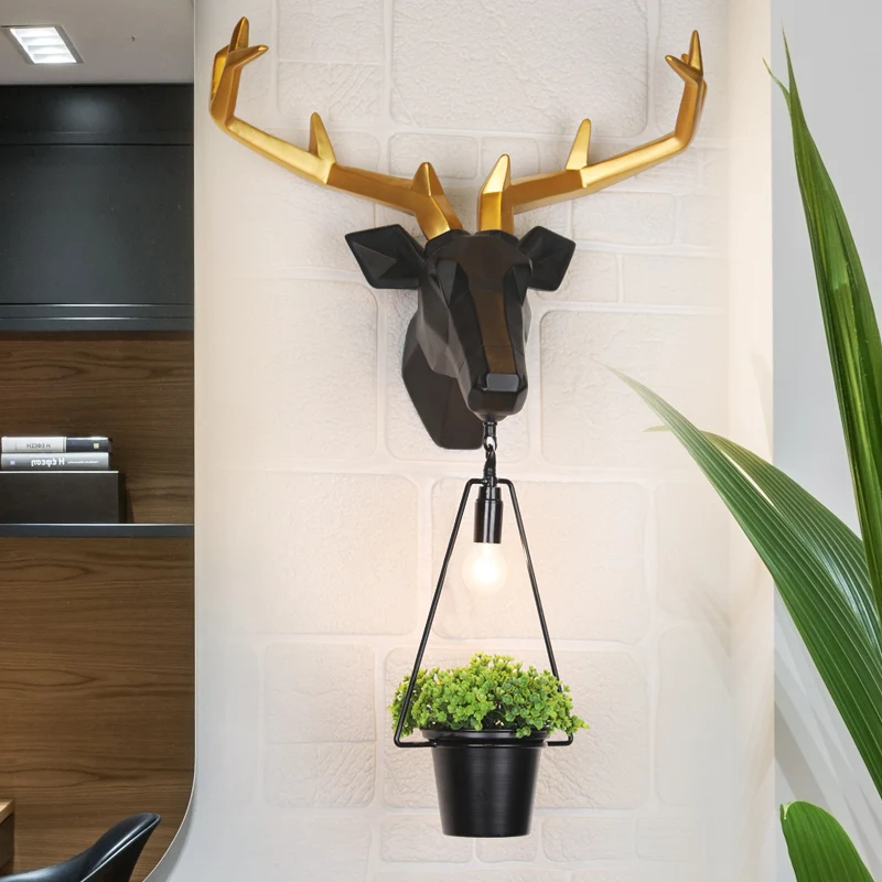 Wandlamp met 1 lichtbron, landelijke zwarte hars, schanslamp voor binnen met achterplaat van herten Clearhalo