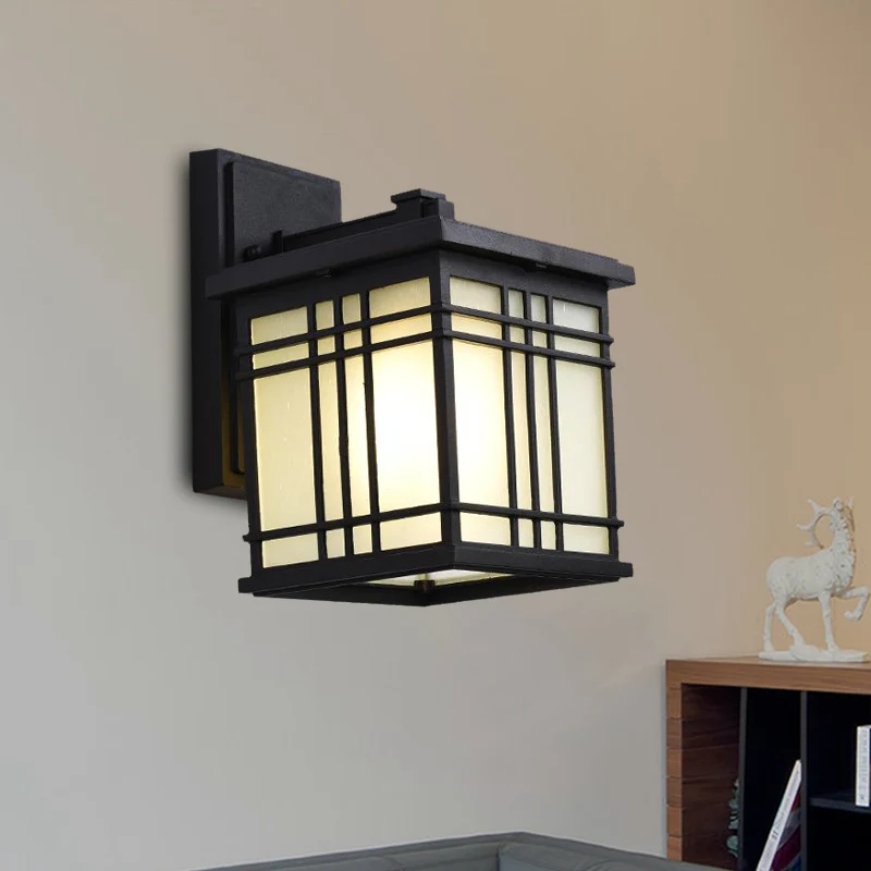 Wandlamp met open bodem, rustiek zwart aluminium, wandmontagelamp met opaalglazen kap, 1 lamp Clearhalo