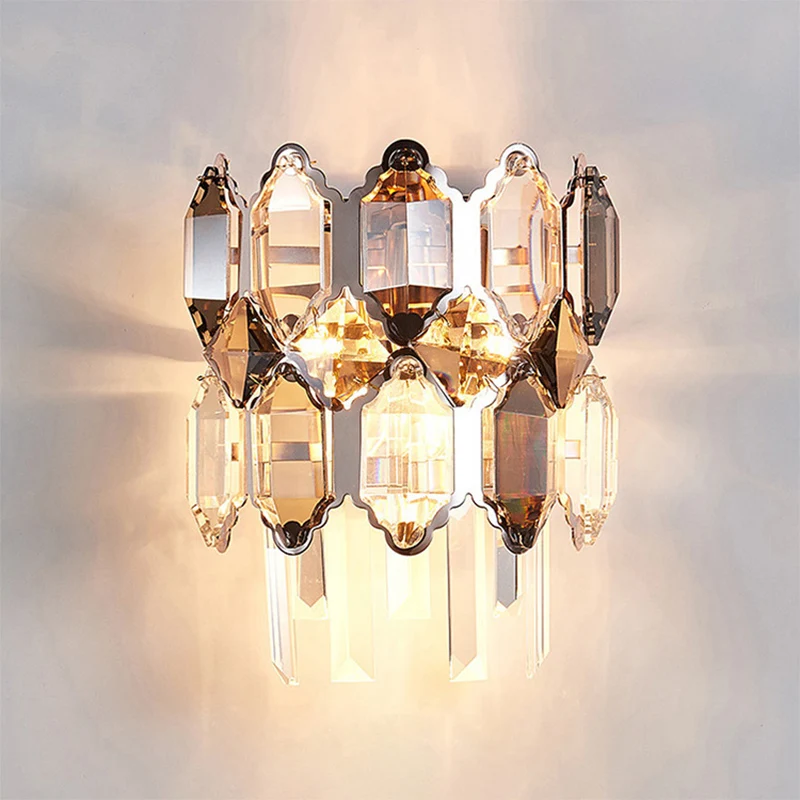 Wandlamp met twee niveaus, modern helder kristal, 2-lamps wandkandelaar zilver voor trap Clearhalo