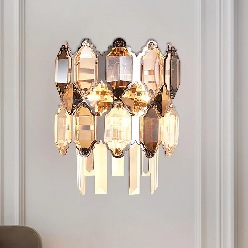 Wandlamp met twee niveaus, modern helder kristal, 2-lamps wandkandelaar zilver voor trap Clearhalo
