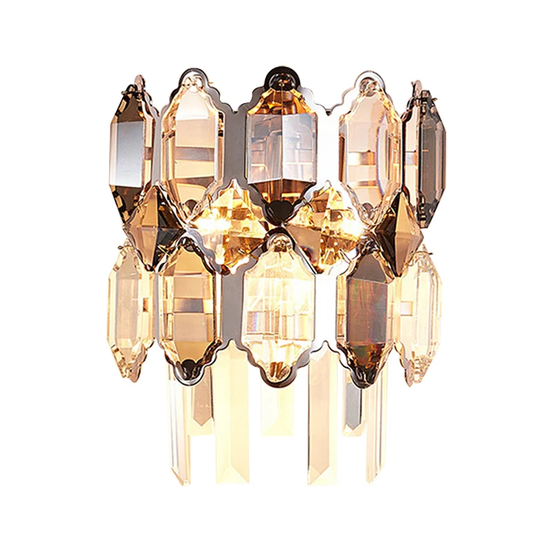 Wandlamp met twee niveaus, modern helder kristal, 2-lamps wandkandelaar zilver voor trap Clearhalo
