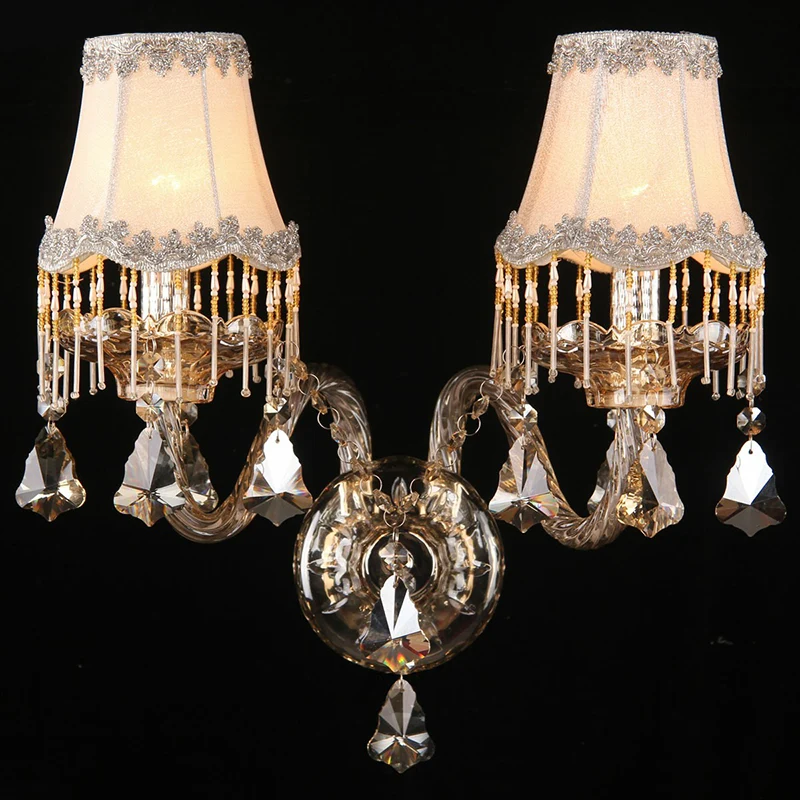 Wandlamp van geschulpte stof, antieke stijl, 2-lichts slaapkamerkandelaar met franje amber Clearhalo