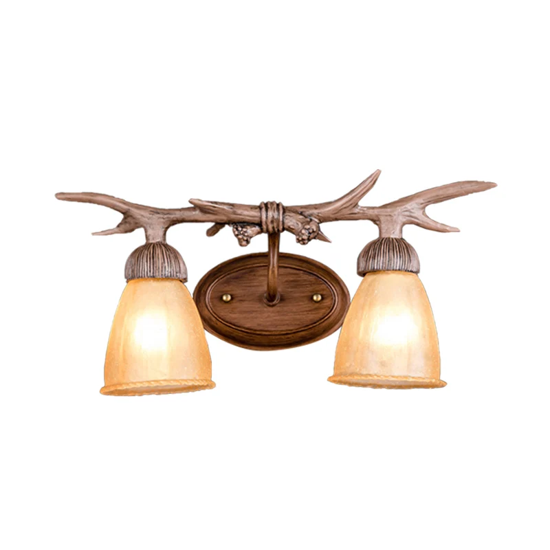 Wandverlichting van donker hout, kegel, rustieke hars en glas, 2-lichts gang-sconce-lamp met gewei-deco Clearhalo
