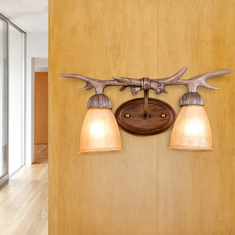 Wandverlichting van donker hout, kegel, rustieke hars en glas, 2-lichts gang-sconce-lamp met gewei-deco Clearhalo