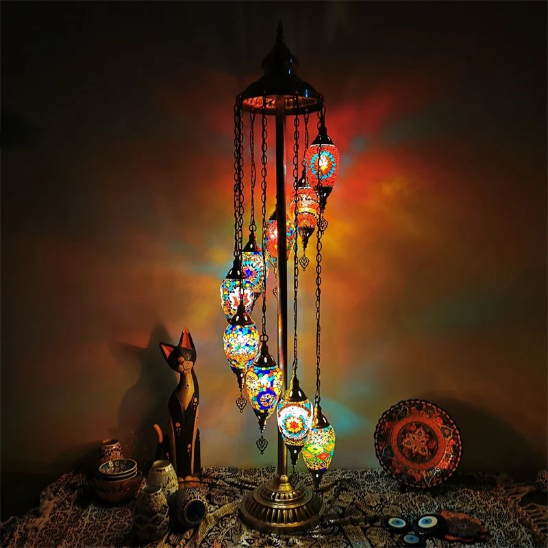 Waterdrop handgeslepen glazen vloerlamp traditionele 5/7/9 hoofden slaapkamer leesvloerlamp blauw/brons Clearhalo