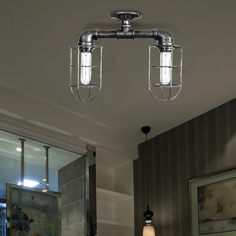 Waterpijp Hal Plafondverlichting met Draadframe Industrieel Ijzer 2 Lichten Brons/Verouderd Zilver Semi Mount Verlichting...