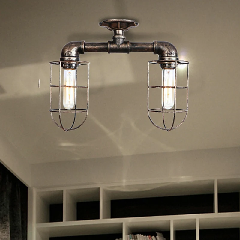 Waterpijp Hal Plafondverlichting met Draadframe Industrieel Ijzer 2 Lichten Brons/Verouderd Zilver Semi Mount Verlichting...