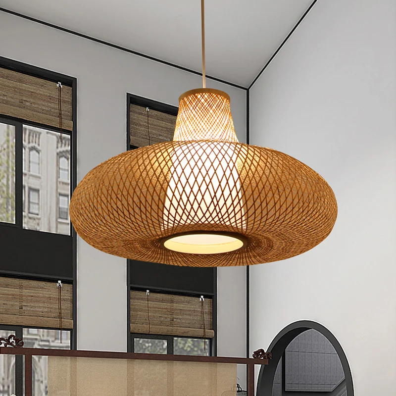 Weave Suspension Pendel Hedendaags Bamboe 1 Lamp Houten Hanglampset, 16"/19,5" Breed Clearhalo