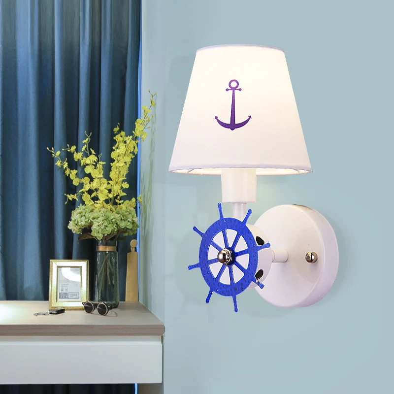 Wheel Rudder Wandlamp Sconce Coastal Metallic 1 Lamp Wit-Blauw Wandmontagearmatuur met stoffen kap Clearhalo