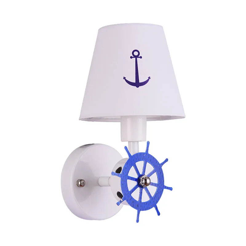 Wheel Rudder Wandlamp Sconce Coastal Metallic 1 Lamp Wit-Blauw Wandmontagearmatuur met stoffen kap Clearhalo