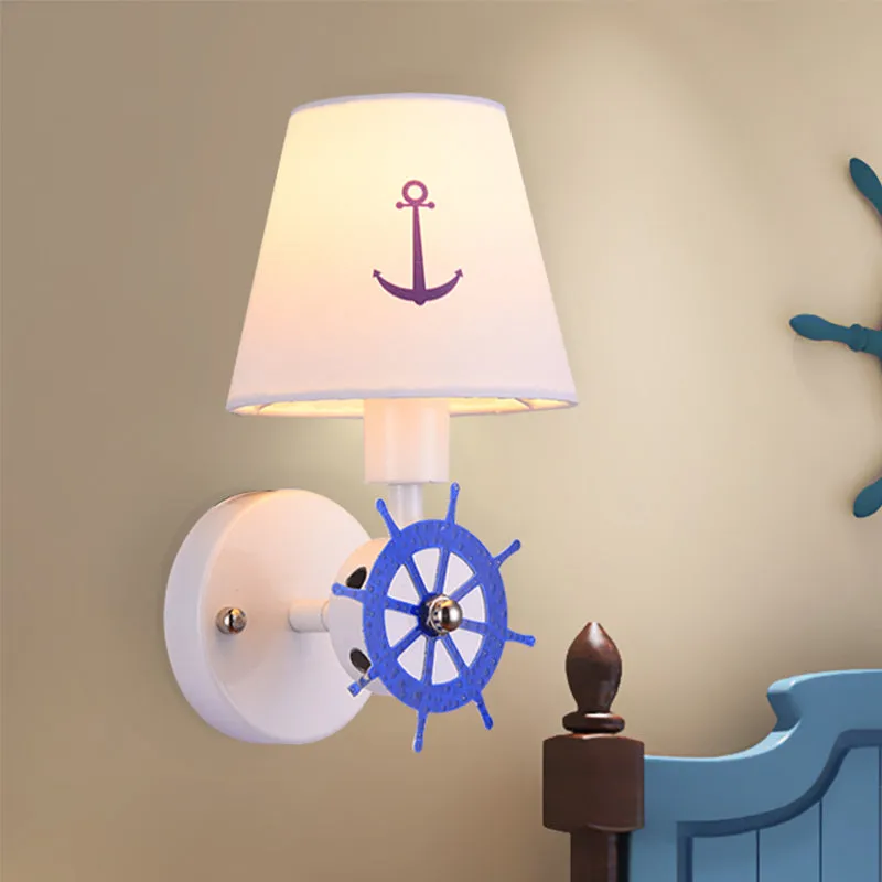 Wheel Rudder Wandlamp Sconce Coastal Metallic 1 Lamp Wit-Blauw Wandmontagearmatuur met stoffen kap Clearhalo