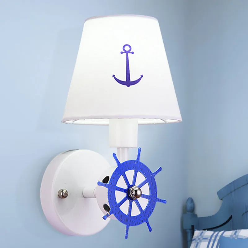 Wheel Rudder Wandlamp Sconce Coastal Metallic 1 Lamp Wit-Blauw Wandmontagearmatuur met stoffen kap Clearhalo