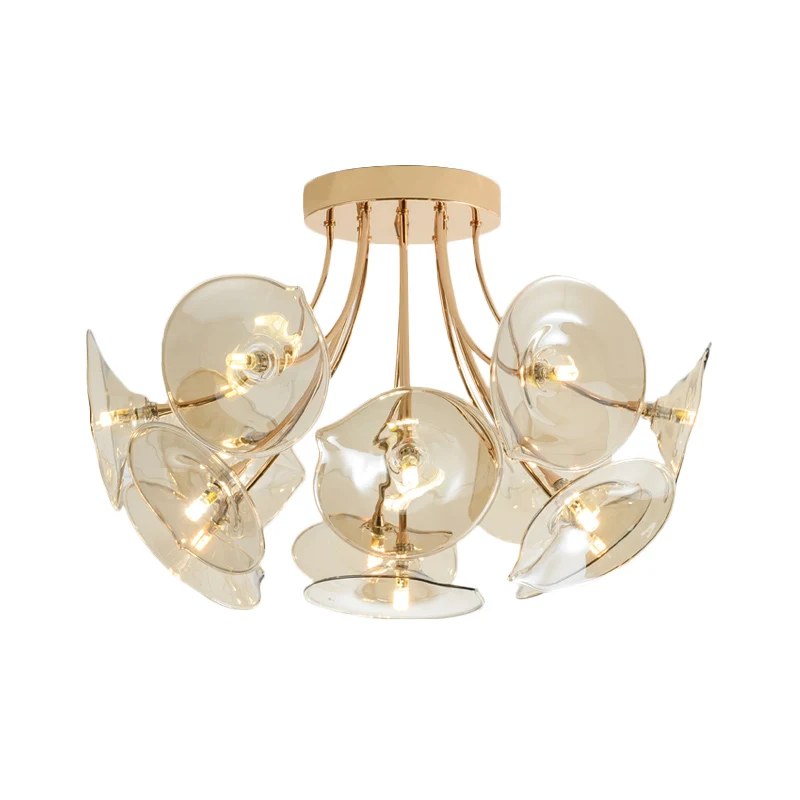 Wide Flare Amber Glass Semi Flush Light Mid-Century 13 Lampen Gouden Afwerking Plafondarmatuur voor Woonkamer Clearhalo