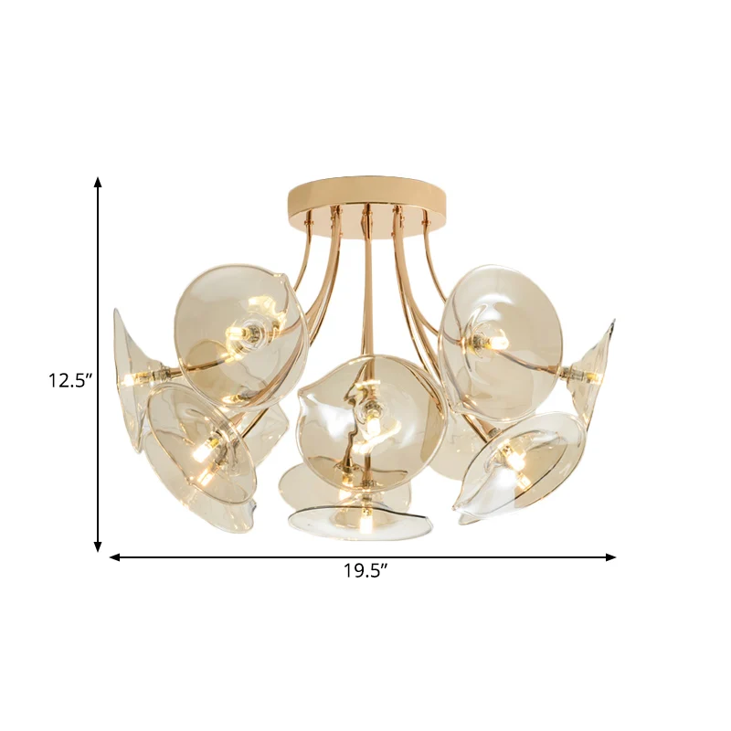 Wide Flare Amber Glass Semi Flush Light Mid-Century 13 Lampen Gouden Afwerking Plafondarmatuur voor Woonkamer Clearhalo