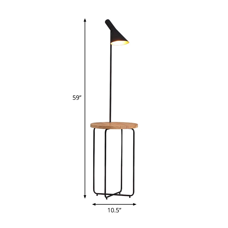 Wijd uitlopende leeslamp Moderne 1-lichts vloerlamp met metallic zwarte afwerking en houten plank Clearhalo