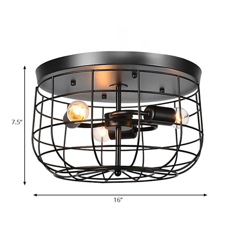 Wire Cage Metal Flush Mount Lighting Industrial 3 Lights Restaurant Flush Hanglamp zwarte afwerking Clearhalo