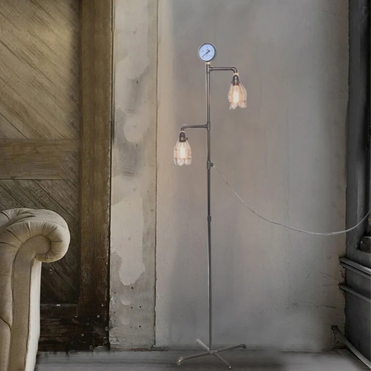 Wire Guard ijzeren vloerlamp met manometer Deco industriële stijl 2 koppen staande binnenlamp brons Clearhalo