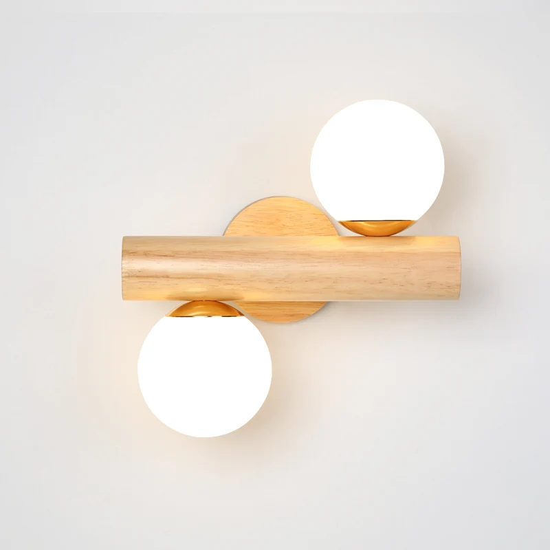 Wit glazen bol roterende wandlamp Nordic 2 lampen houten wandmontage licht voor slaapkamer Clearhalo