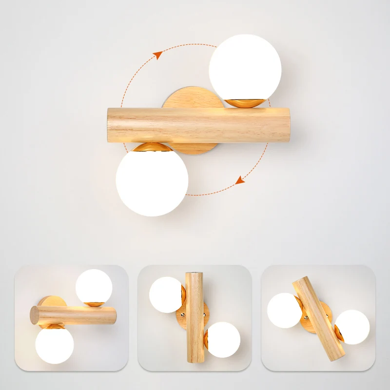Wit glazen bol roterende wandlamp Nordic 2 lampen houten wandmontage licht voor slaapkamer Clearhalo