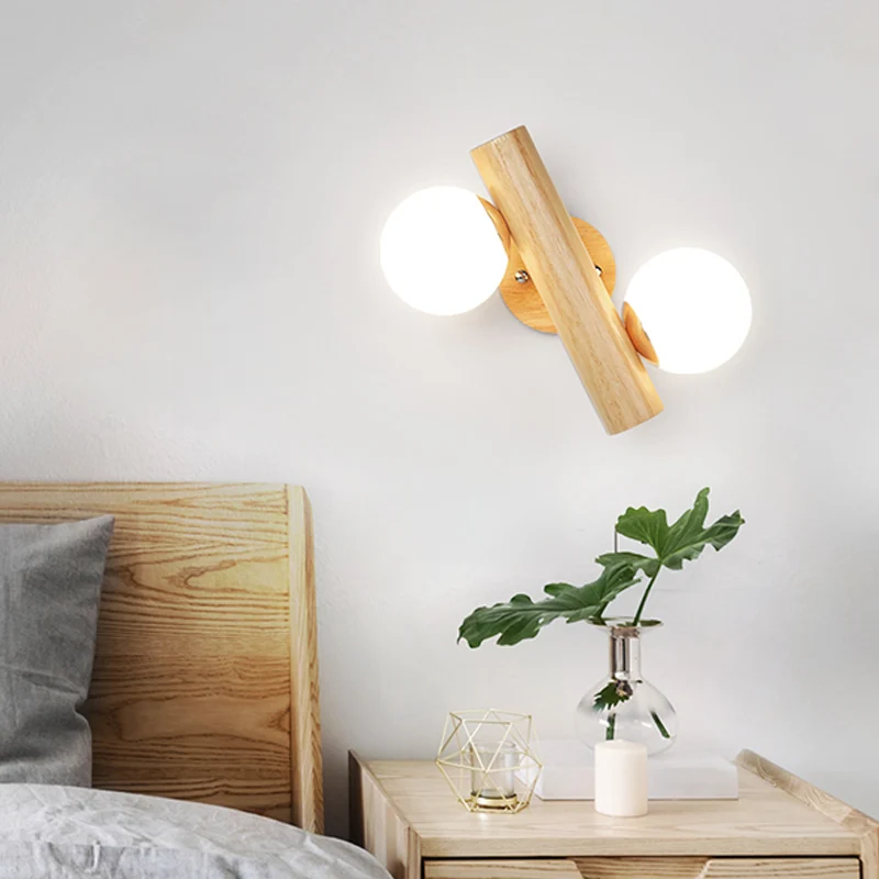 Wit glazen bol roterende wandlamp Nordic 2 lampen houten wandmontage licht voor slaapkamer Clearhalo