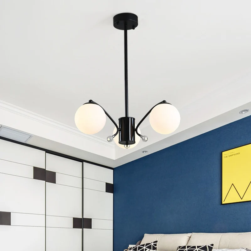 Wit glazen bolkroonluchter Modern 3/5/9 lichts hangend plafondarmatuur zwart met gebogen arm Clearhalo