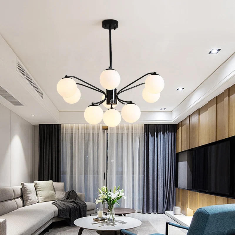 Wit glazen bolkroonluchter Modern 3/5/9 lichts hangend plafondarmatuur zwart met gebogen arm Clearhalo