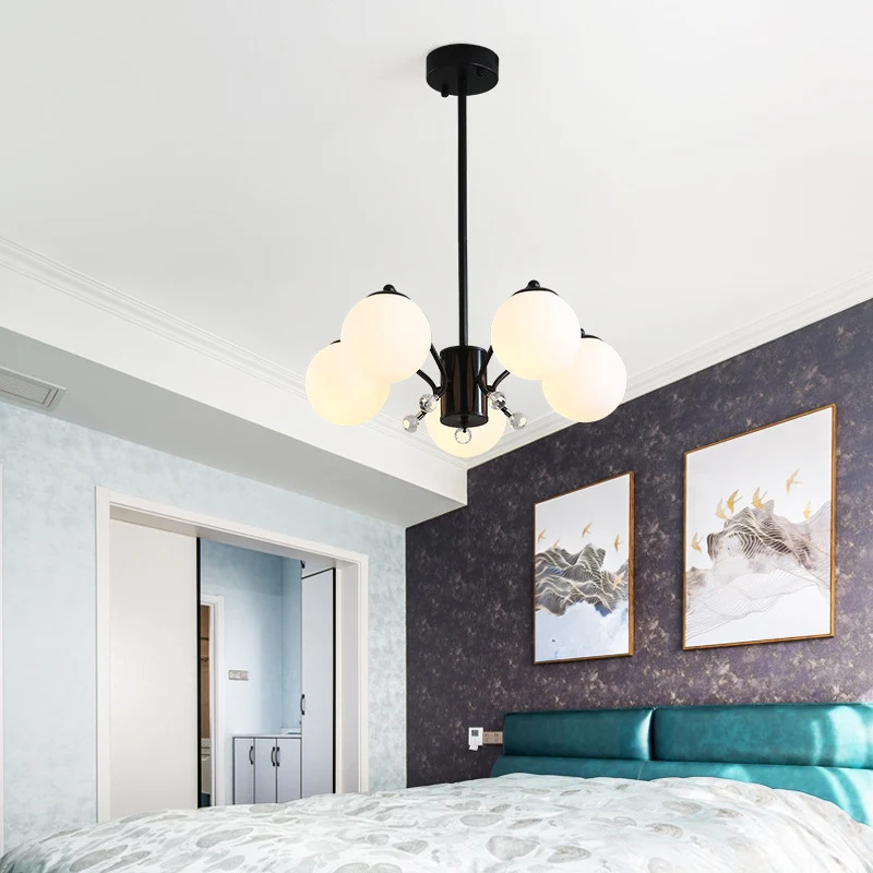 Wit glazen bolkroonluchter Modern 3/5/9 lichts hangend plafondarmatuur zwart met gebogen arm Clearhalo