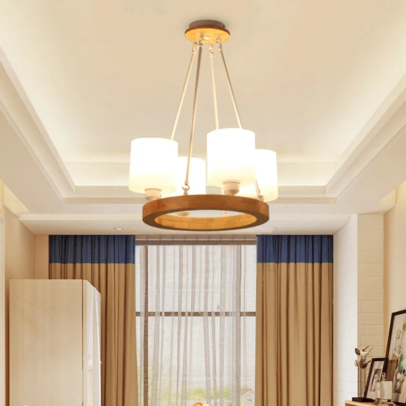 Wit glazen cilinderkroonluchterlicht Moderne 4/6/8-lichts houten hangende hanglamp met ringontwerp Clearhalo