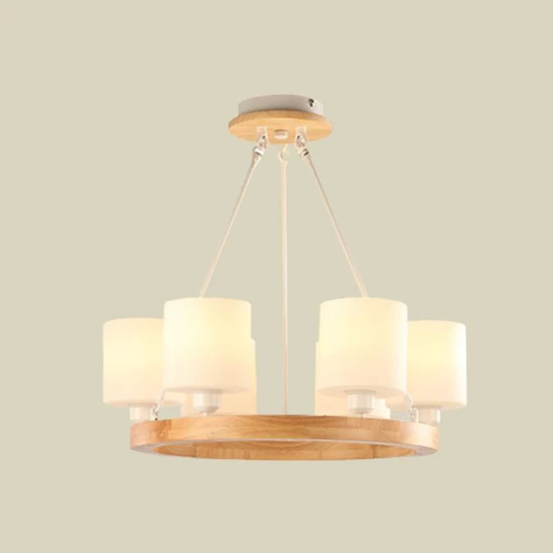Wit glazen cilinderkroonluchterlicht Moderne 4/6/8-lichts houten hangende hanglamp met ringontwerp Clearhalo