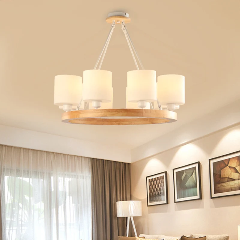 Wit glazen cilinderkroonluchterlicht Moderne 4/6/8-lichts houten hangende hanglamp met ringontwerp Clearhalo