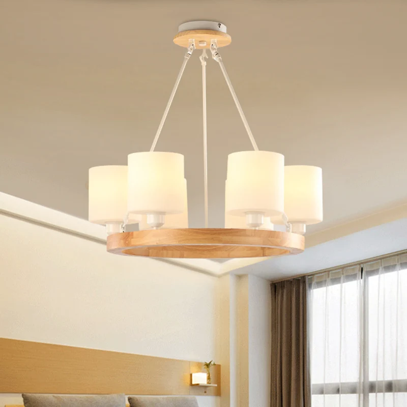 Wit glazen cilinderkroonluchterlicht Moderne 4/6/8-lichts houten hangende hanglamp met ringontwerp Clearhalo