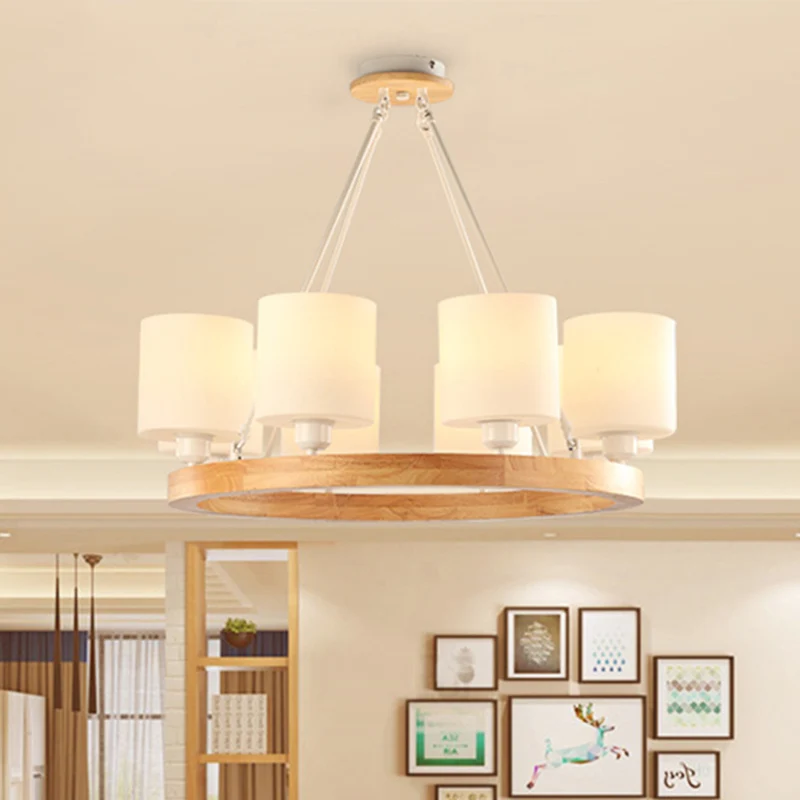 Wit glazen cilinderkroonluchterlicht Moderne 4/6/8-lichts houten hangende hanglamp met ringontwerp Clearhalo