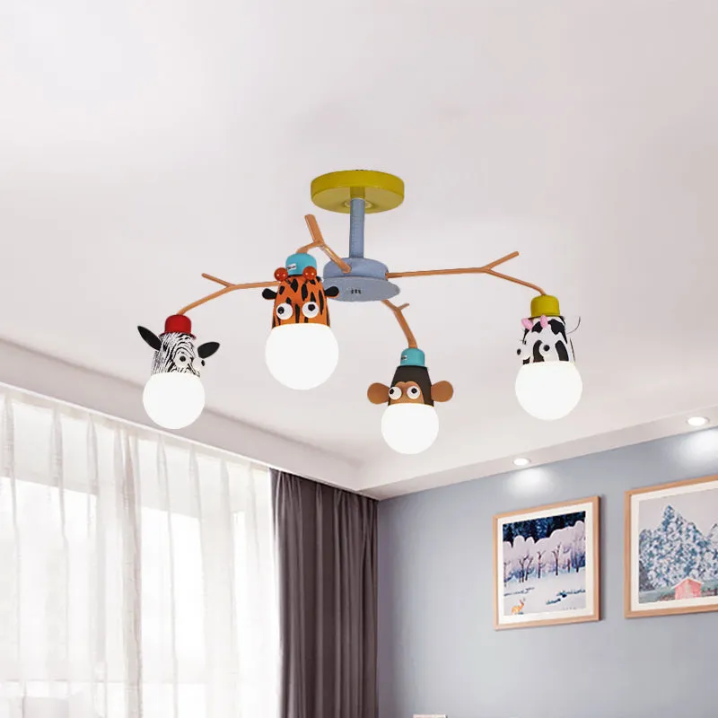 Wit glazen dierenplafondlamp voor kinderen, 4 lampen, geel, semi-inbouwverlichting voor kinderdagverblijven Clearhalo