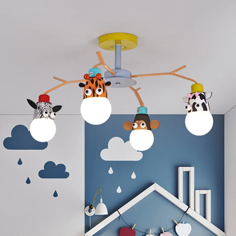 Wit glazen dierenplafondlamp voor kinderen, 4 lampen, geel, semi-inbouwverlichting voor kinderdagverblijven Clearhalo