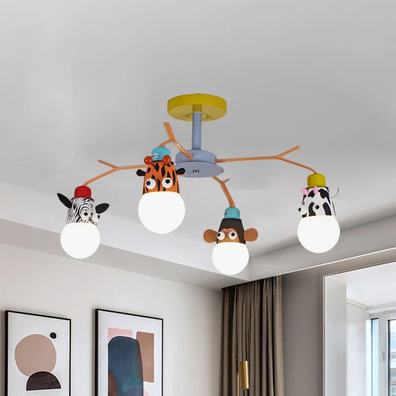 Wit glazen dierenplafondlamp voor kinderen, 4 lampen, geel, semi-inbouwverlichting voor kinderdagverblijven Clearhalo