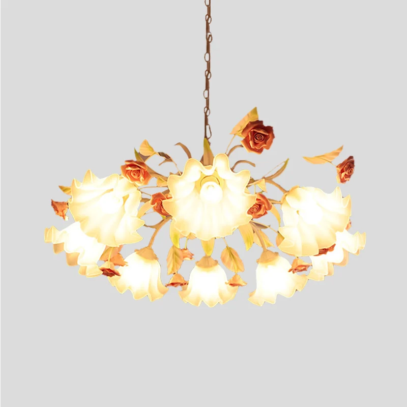 Wit glazen geschulpte kroonluchterlamp Koreaanse bloem 9 lampen Woonkamer plafondophangarmatuur Clearhalo
