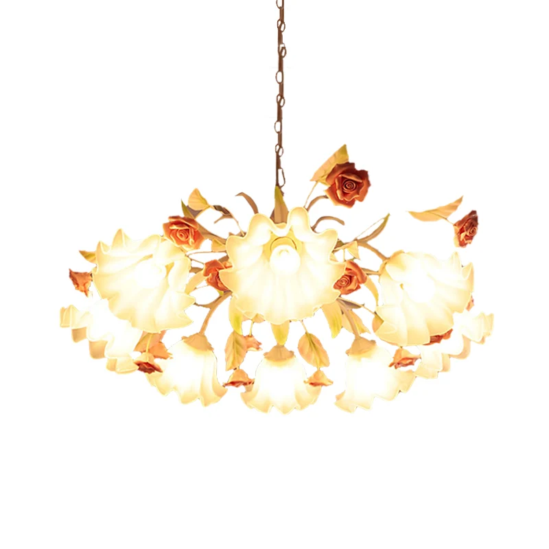 Wit glazen geschulpte kroonluchterlamp Koreaanse bloem 9 lampen Woonkamer plafondophangarmatuur Clearhalo