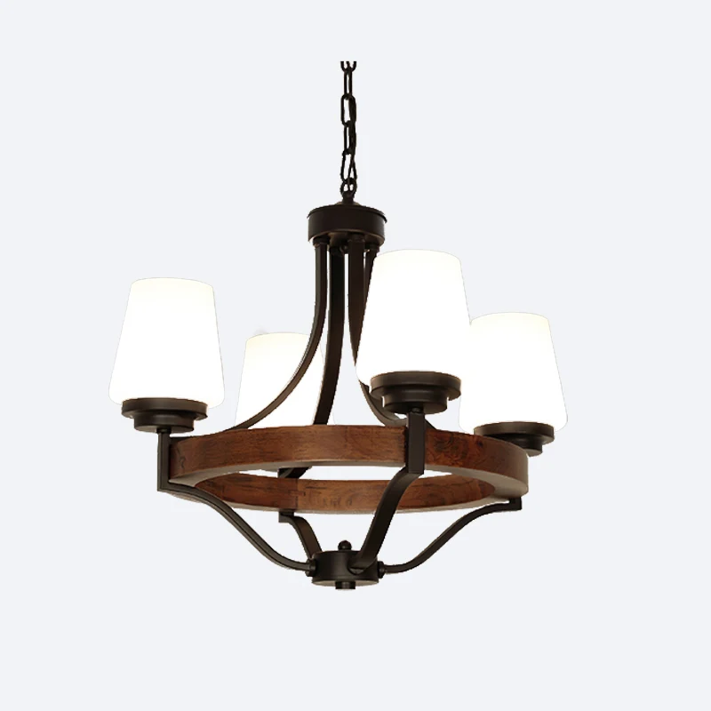 Wit glazen kegel plafondlamp rustiek 4-lichts eetkamer licht kroonluchter licht met houten ring zwart Clearhalo