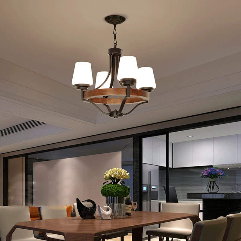 Wit glazen kegel plafondlamp rustiek 4-lichts eetkamer licht kroonluchter licht met houten ring zwart Clearhalo